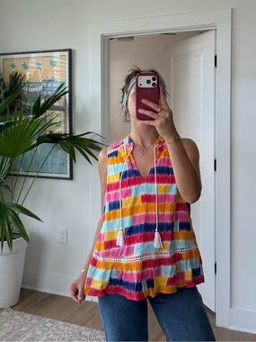 crown & ivy Multicolor Striped V-Neck Tassel Tank